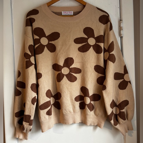 Lilly & Rose Boutique Floral Beige and Brown Sweater, Size Large - Picture 2 of 9